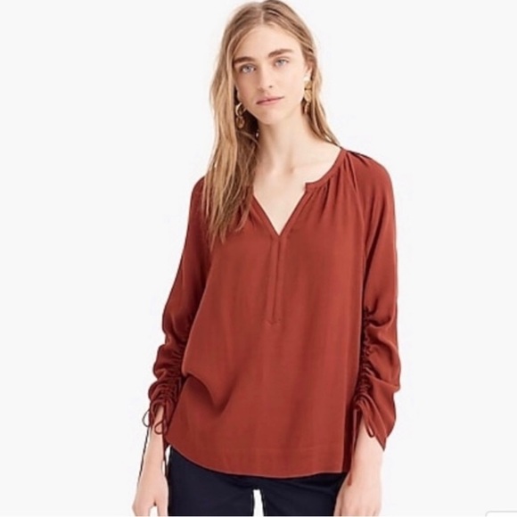 J.CREW POINT SUR Blouse Drapey Open V-Neck Long Sleeve Ruched Flowy Green J6240 - Picture 3 of 10